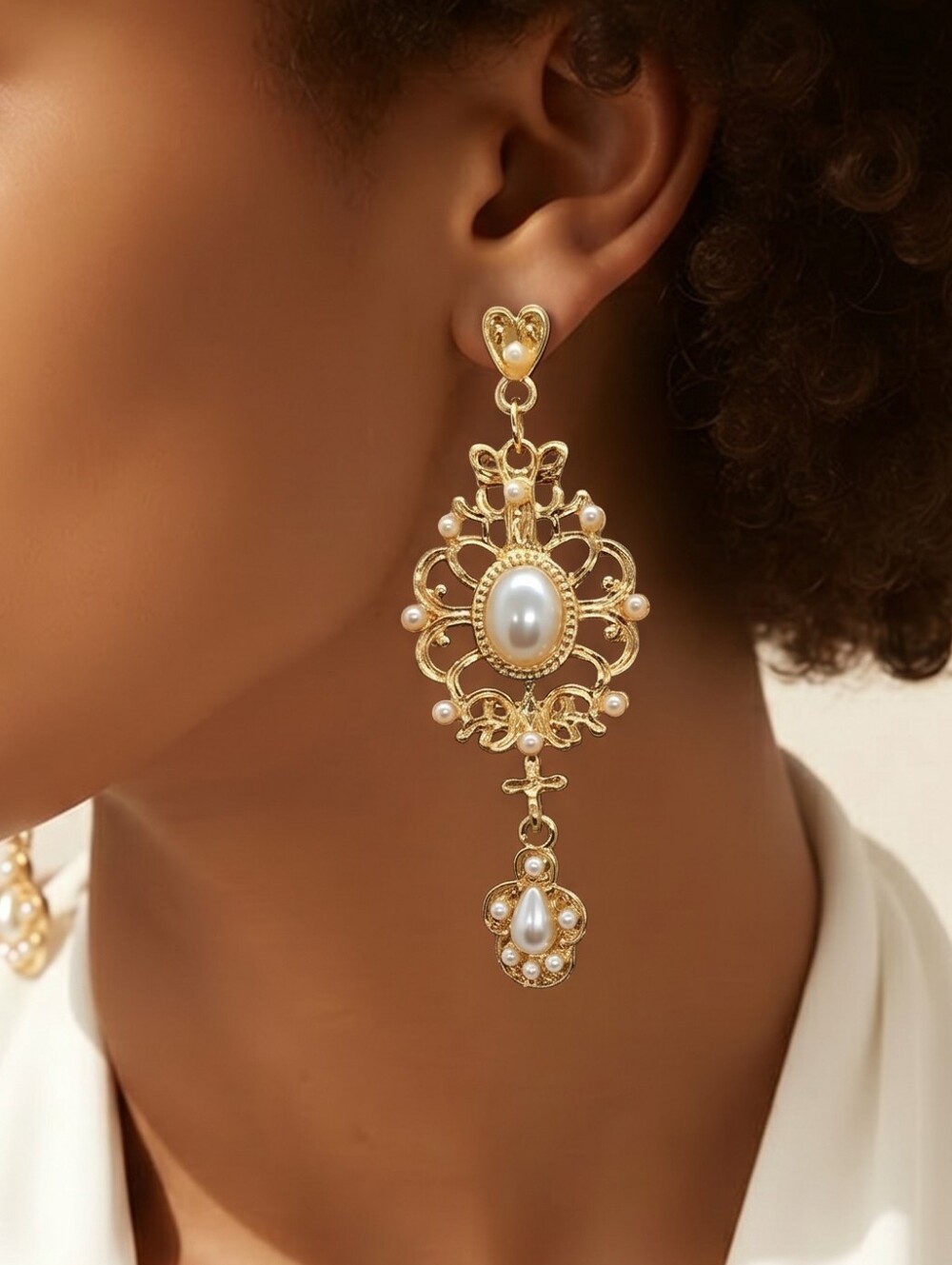Gold Filigree Pearl Drop Earrings Bridal Wedding Dangle Earrings Vintage Glamour